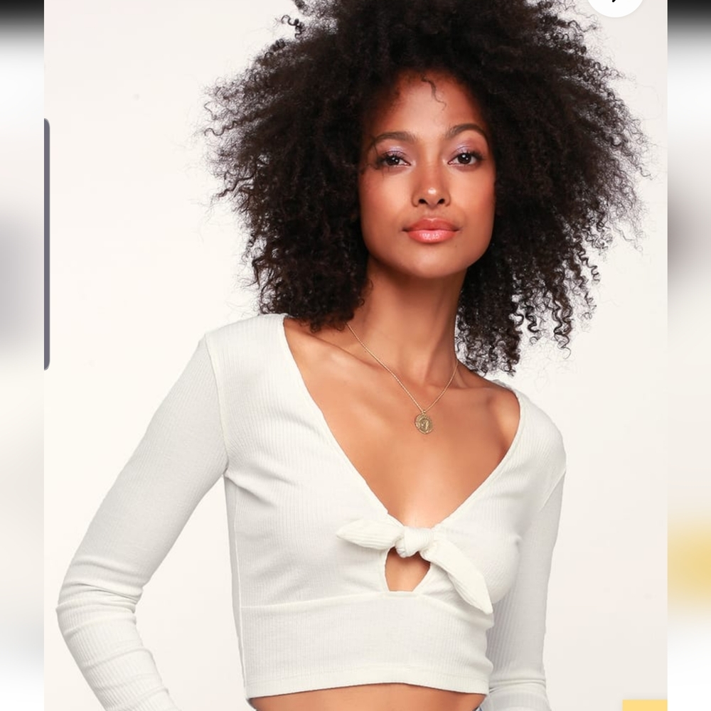 Lulus Poppi White Ribbed Tie-Front Long Sleeve Crop Top XS - Picture 2 of 11